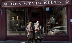 Tommy Flanagan and Drew Chicone pictured outside Ben Wyvis Kilts in Inverness dressed in Highland dress.