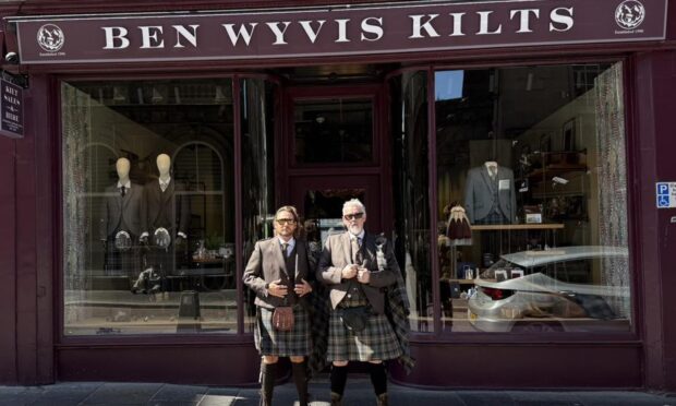 Tommy Flanagan and Drew Chicone pictured outside Ben Wyvis Kilts in Inverness dressed in Highland dress.