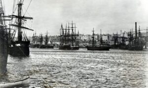 1890: This striking George Washington Wilson photograph was printed in the Aberdeen Journal in 1948. It shows a view of the city from the harbour in 1890 where the town house clocktower is a predominant landmark on the skyline. The sailing-ship fleet with its tracery of masts and spars make up the foreground. Image: GWW