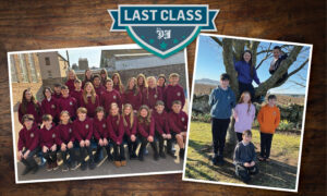 Two school photos slightly overlapping each other with the P&J Last Class logo above them