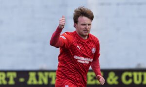 Tony Dingwall celebrates scoring Brora Rangers' first goal against East Kilbride. Pictures by Jasperimage.