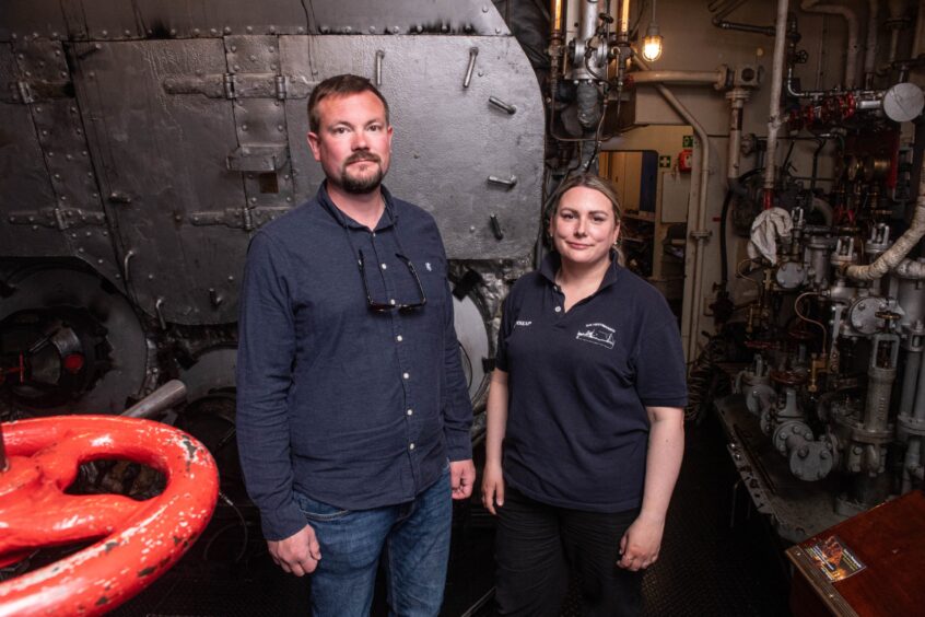 Captain Hallvard Klungtveit and historian Ragnhild Bie in the engine room