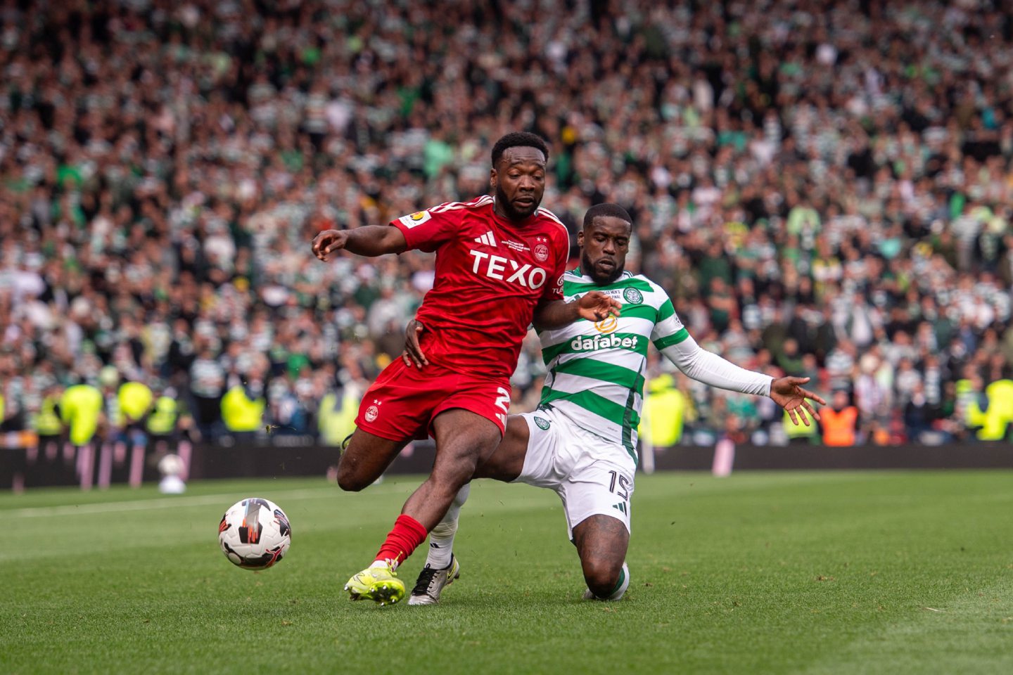 Aberdeen winger Shayden Morris in action against Celtic's Jeffrey Schlupp in the Scottish Cup final at Hampden.