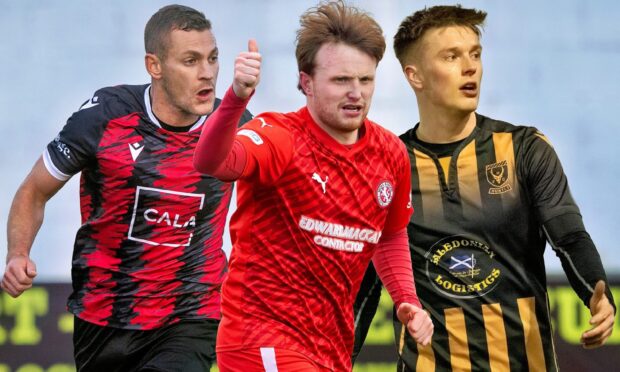 Inverurie Locos' Paul Coutts, left, Tony Dingwall of Brora Rangers, centre, and Huntly's Angus Grant are in the running for the Breedon Highland League team of the season.