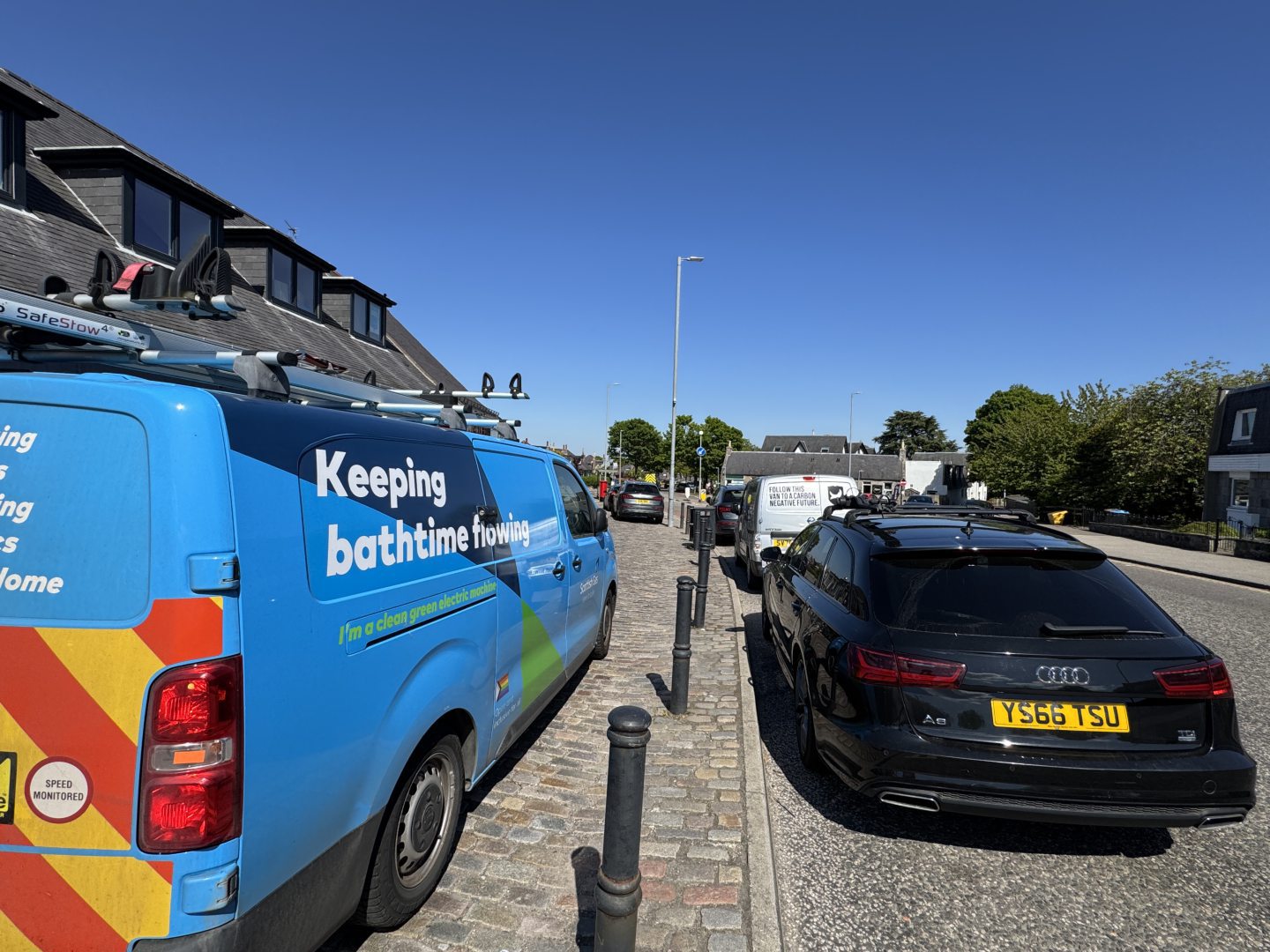 People park on the cobbles and beside them due to the lack of yellow lines. 