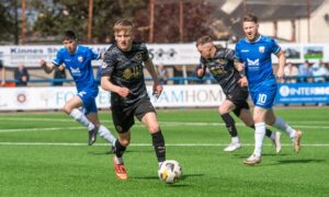 Midfielder Alfie Stewart on the ball for Inverness Caledonian Thistle against Montrose in SPFL League One at Links Park, Montrose, on May 3, 2025.