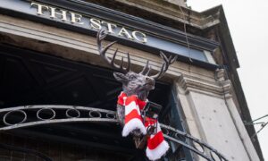 Red and white scarf around stag outside pub