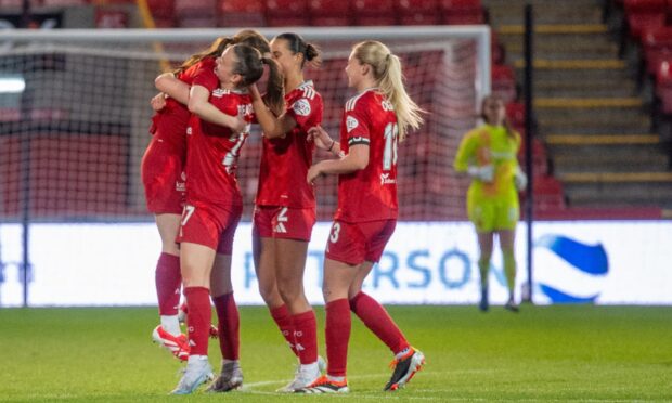 Aberdeen Women celebrate Darcie Miller's late equaliser against Montrose. Image: Kami Thomson/DC Thomson.