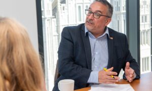 Aberdeen City Council co-leader Christian Allard speaks with Lindsay Bruce from The P&J about homeowners' Raac concerns. Image: Kami Thomson/ DC Thomson.