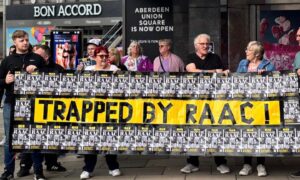 Families impacted by the Aberdeen Raac crisis protesting in the city centre. Image: Lindsay Bruce / DC Thomson.