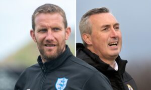 Strathspey Thistle manager Ryan Esson, left, and Forres Mechanics boss Steven MacDonald.