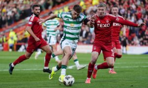 Celtic's James Forrest (right) breaks into the box to assist Yang Hyun-Jun (not pictured) in scoring their side's second goal of the game against Aberdeen. Image: PA.