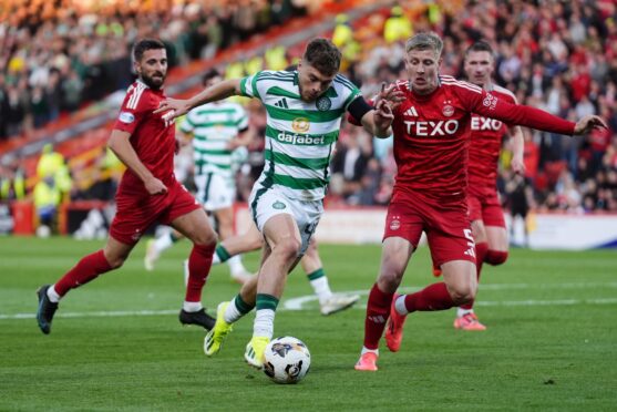 Celtic's James Forrest (right) breaks into the box to assist Yang Hyun-Jun (not pictured) in scoring their side's second goal of the game against Aberdeen. Image: PA.