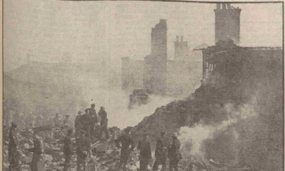 Church St in Lossiemouth was a scene of devastation after a Wellington Bomber fell on the street killing 8 civilians and 3 RAF crew. Image: DCT/AJL