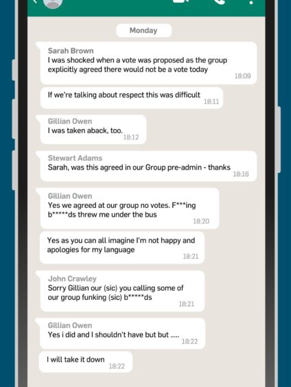 Messages sent among Aberdeenshire Conservatives on Monday, including council leader Gillian Owen's sweary text. Image: DC Thomson