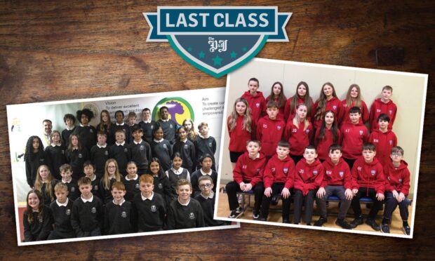 Two class photos lying flat on a wooden surface with a Last class logo in the shape of a school badge above them. Colour pic.