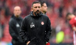 Aberdeen manager Derek McInnes looking dejected at full-time after the 2017 Scottish Cup final. Image: Darrell Benns/DC Thomson.