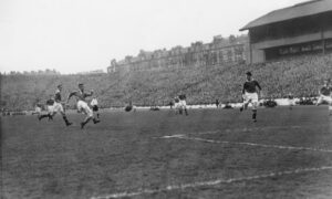 Joe O'Neil scores for Aberdeen against Rangers in the 1954 Scottish Cup semi-final. Image: DC Thomson