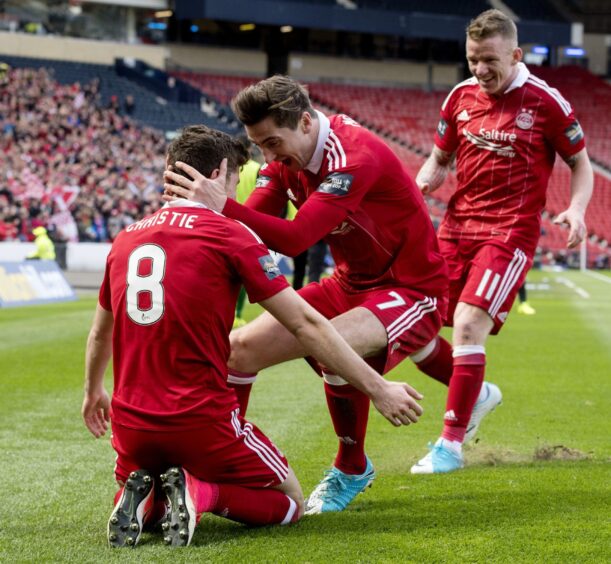 Ryan Christie celebrates scoring for Aberdeen against Hibernian in the Scottish Cup semi-final at Hampden Park, Glasgow, on April 22, 2017. 