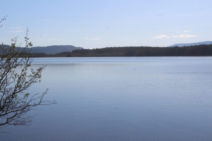 The smooth surface of Loch Garten reflects the clear blue sky on a sunny day.