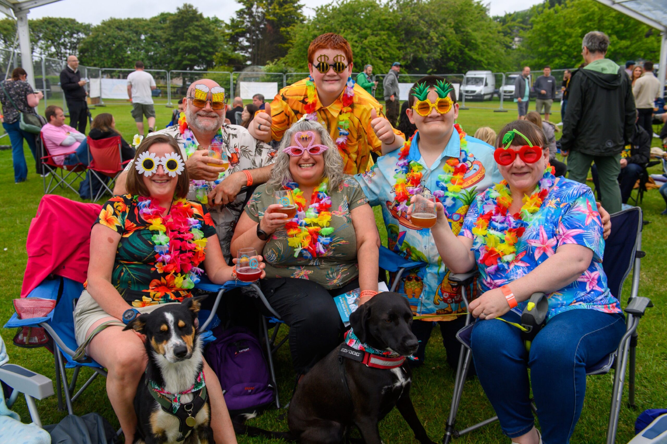 Six people wearing sunglasses with unusual designs including flowers, pints of beer, flamingos and fruit
