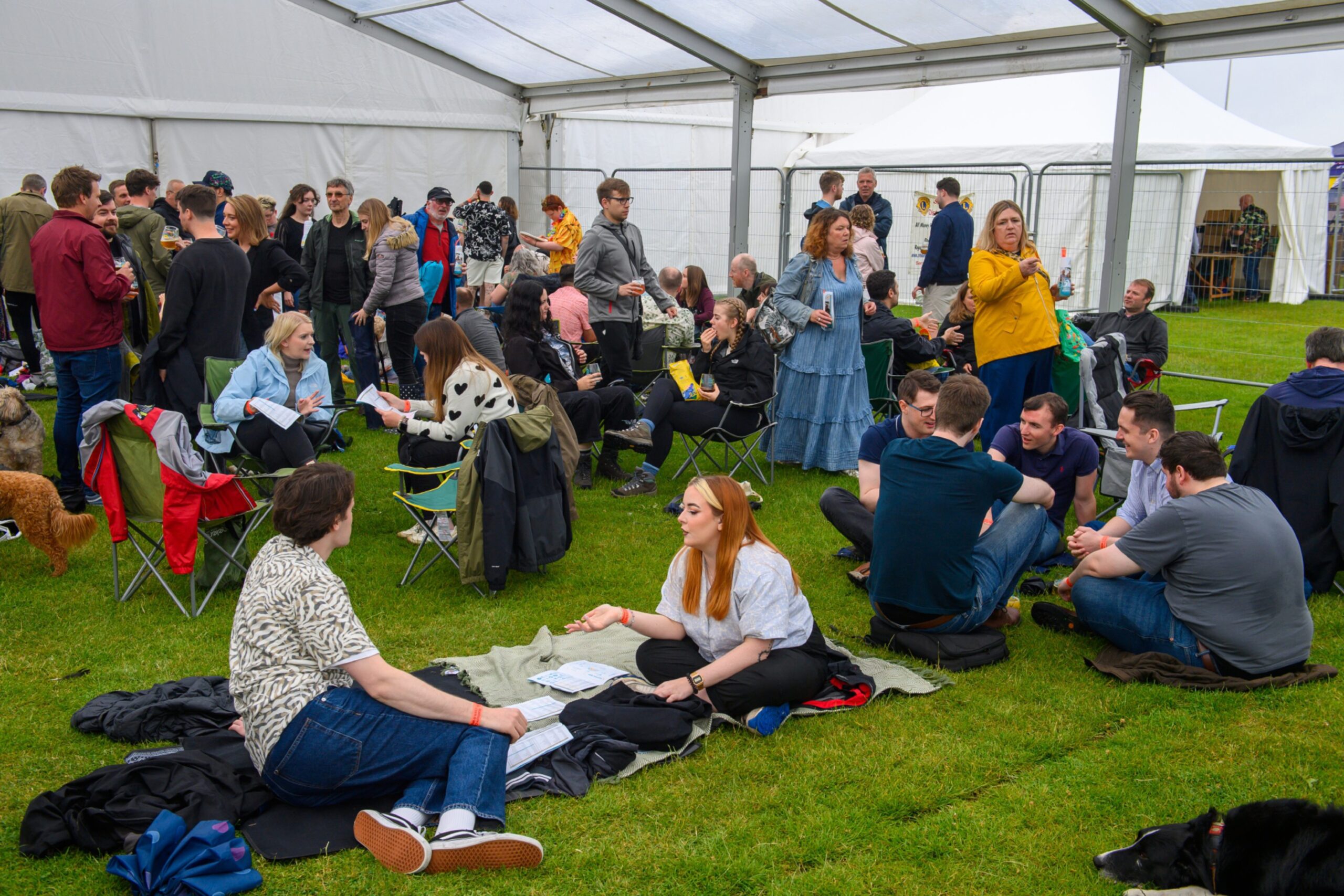 People talking in small groups in a marquee
