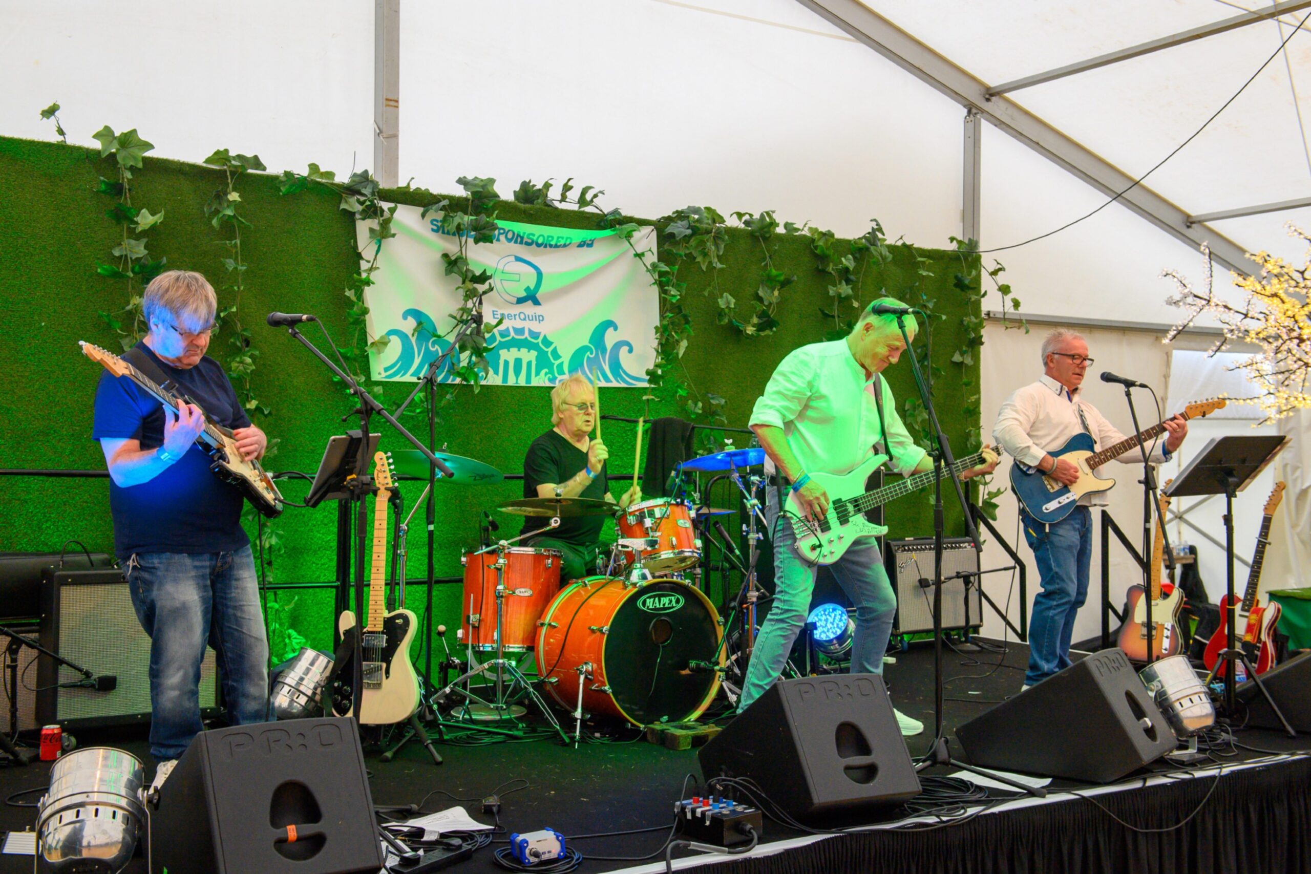 A band with bassist, drummer, lead singer and guitarist