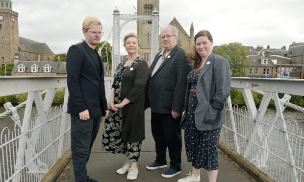 Robert Blackmore, Sue Casson, Tom Blackmore and Lily Blackmore, descendants of David Maxwell Fyfe in Inverness on their way to Dornoch to put on their show honouring their forebear's achievements in human rights.