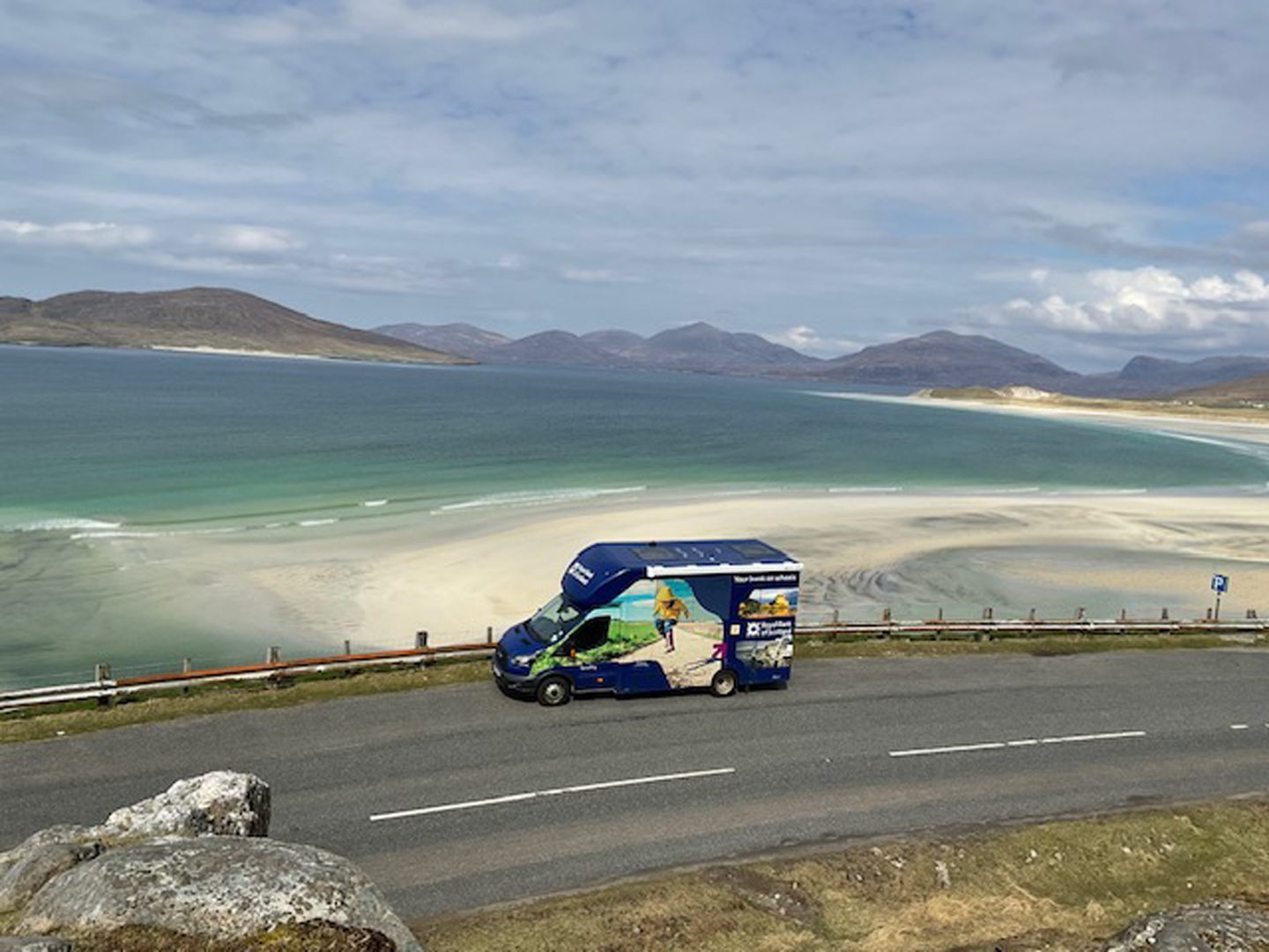 The mobile bank van driving by Luskentyre beach in Harris.