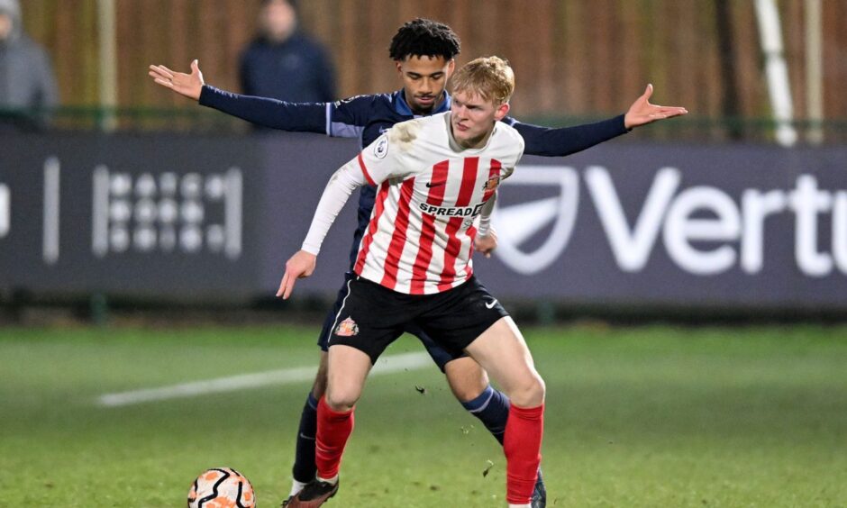 Ben Crompton, front, in action for Sunderland against Tottenham Hotspur's Maxwell McKnight in the Under-21 Premier League Cup in 2023.