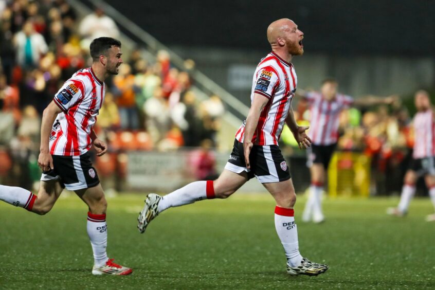 Derry City striker Liam Boyce celebrates his goal against Drogheda United in the SSE Airtricity League Premier Division, at the Ryan McBride Brandywell Stadium, Derry, on April 11, 2025.