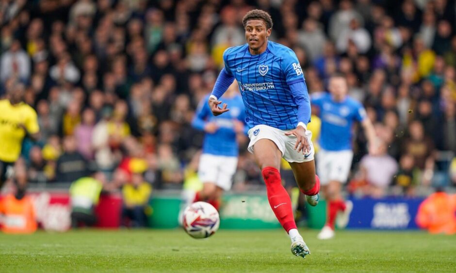 Portsmouth forward Kusini Yengi (10) during an EFL Sky Bet Championship match against Watford. Image: Shutterstock.