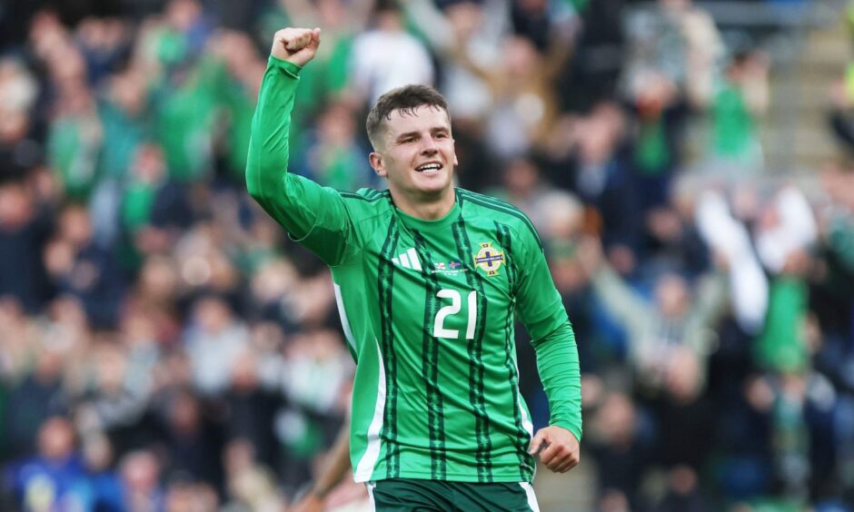 Ronan Hale celebrates after Isaac Price scored the only goal in Northern Ireland's 1-0 friendly win over Iceland on Monday, June 9, 2025, at Windsor Park, Belfast.