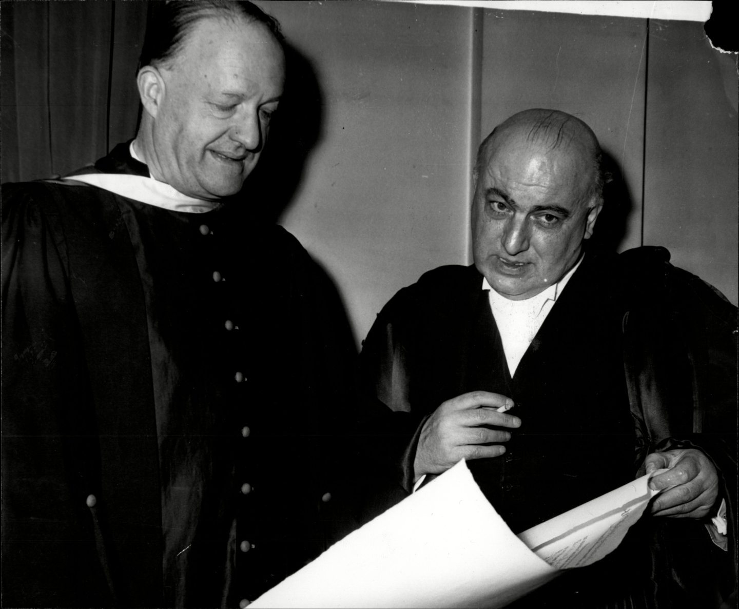 David Maxwell Fyfe with Conservative politician Rab Butler. David had just received an honorary law degree from St Andrews University. 