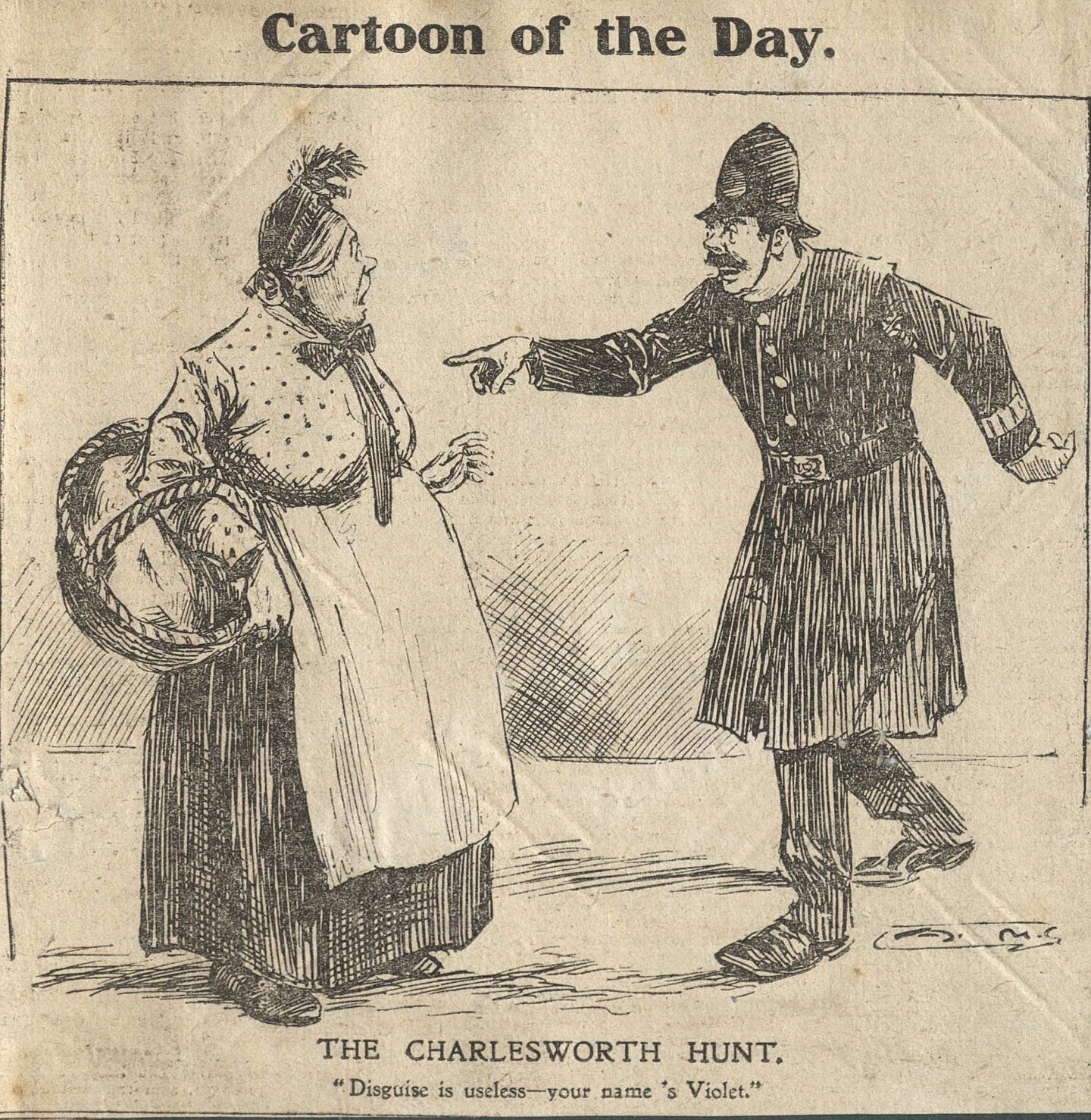 A cartoon at the time mocking Violet Charlesworth's ability to disappear, with a policeman confronting an old women in an apron and dress.