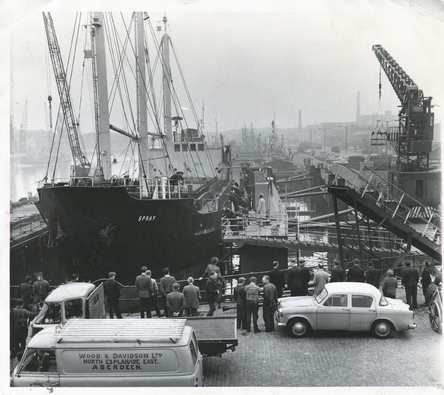 The new pontoon dock in Aberdeen Harbour coming into operation in 1967.