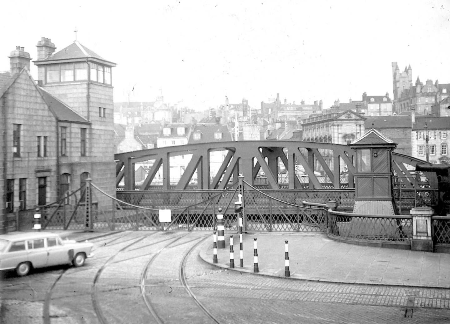 The Regent Bridge at Aberdeen Harbour swings open to allow a ship into the Upper Dock in 1966.