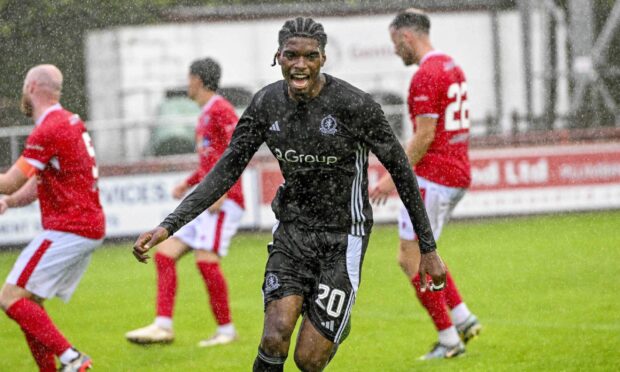 Cove Rangers striker David Eguaibor celebrates after scoring against Brechin City in a League Cup match.