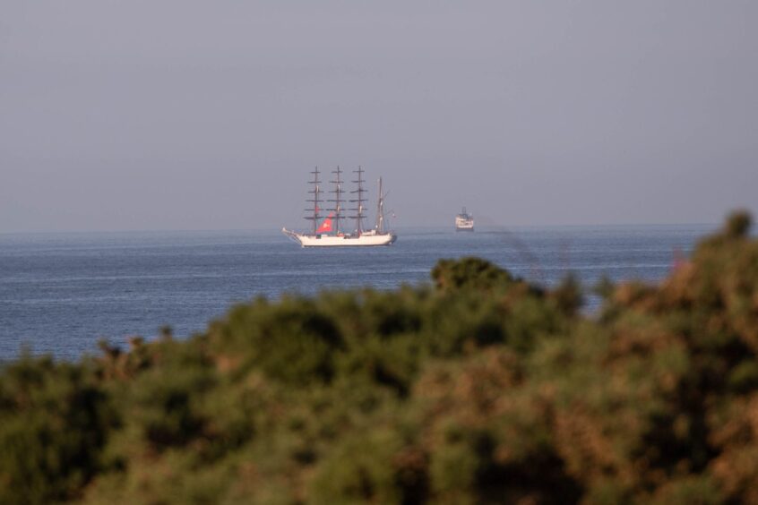The Shabab Oman II pictures out at sea, coming into Aberdeen.