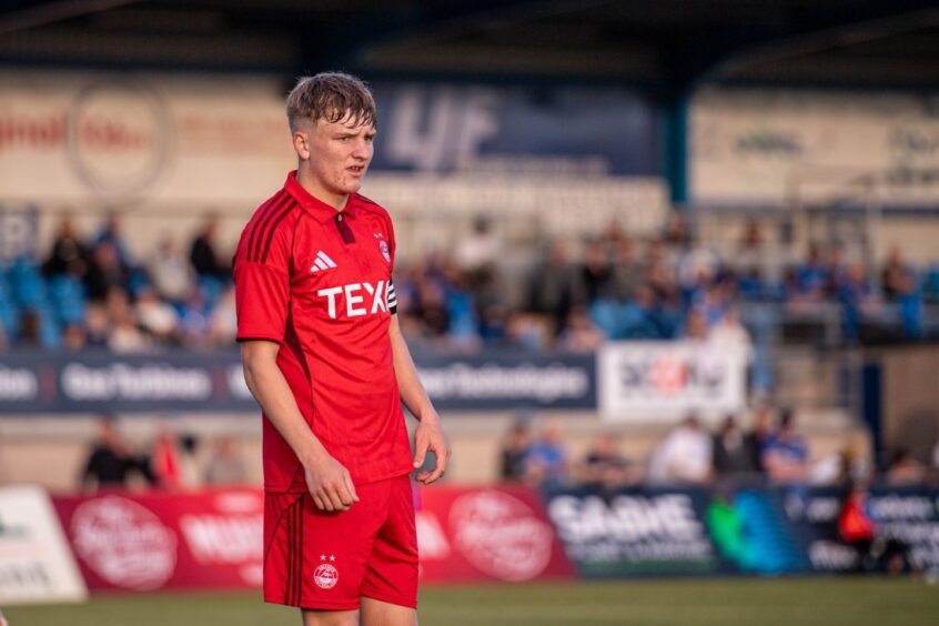 Aberdeen's Alfie Stewart during the Rory McAllister testimonial match at Balmoor Stadium, Peterhead on July 9, 2025.