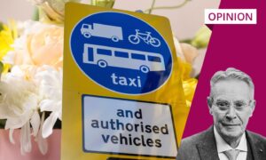 David Knight's headshot next to a bus gates sign with pale-coloured flowers in the background.