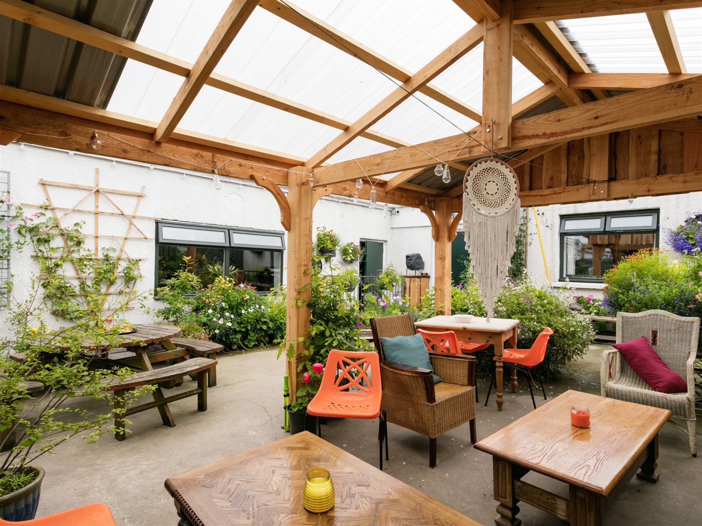 The covered beer garden offers lots of space to relax and enjoy a drink