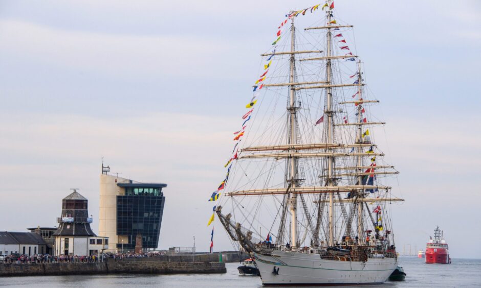 The Shabab Oman II entering the Port of Aberdeen.