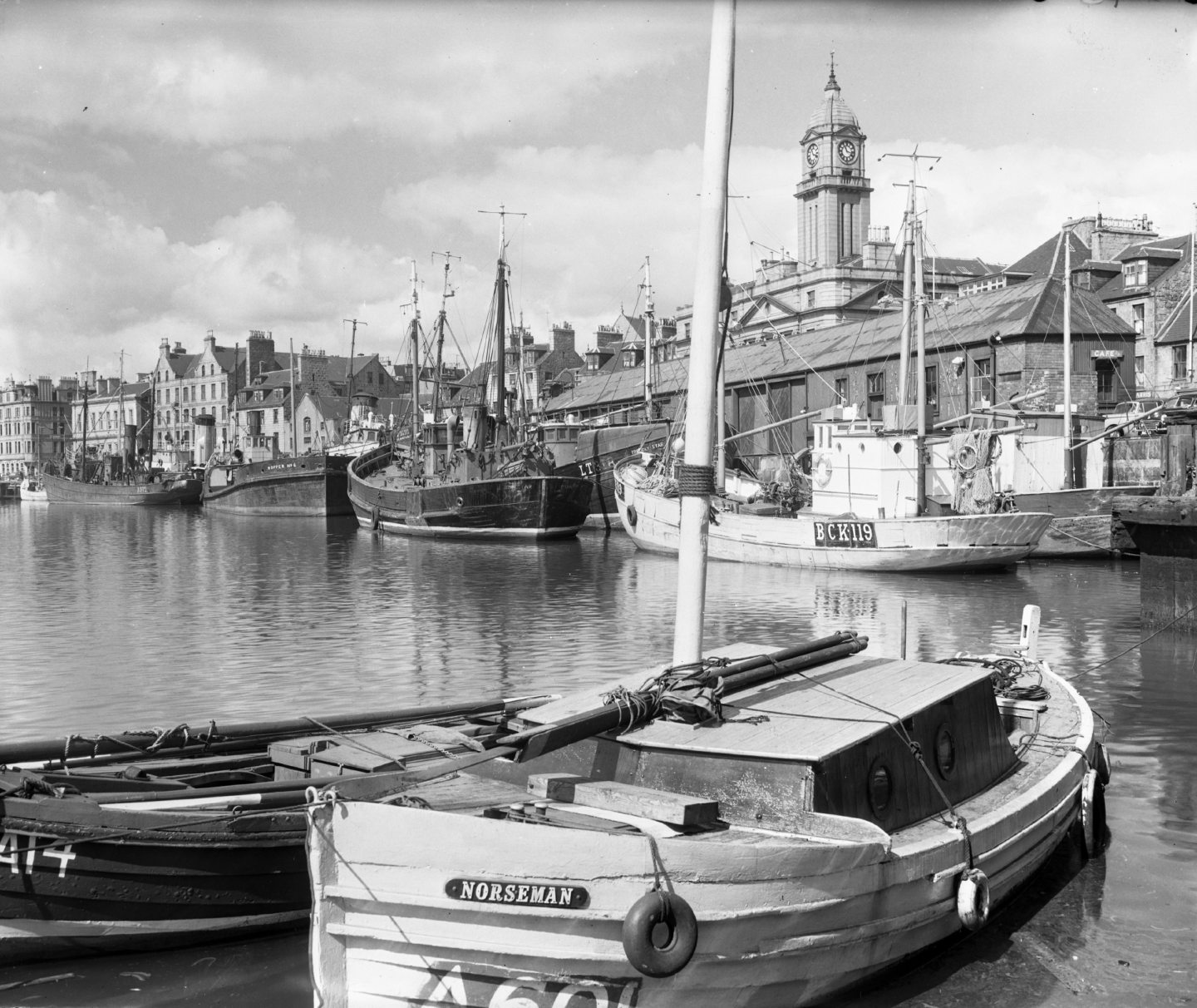 Boats tied up at Aberdeen Harbour. In the foreground is the Norseman.