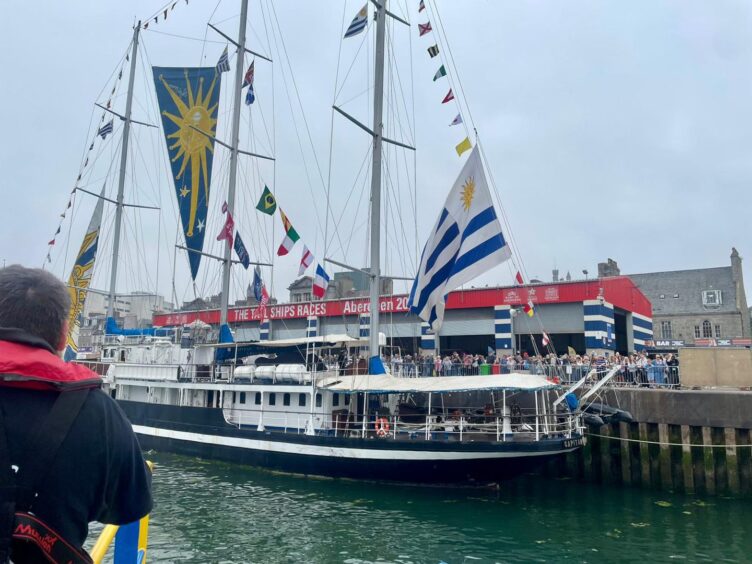 Tall ship pictured from boat 
