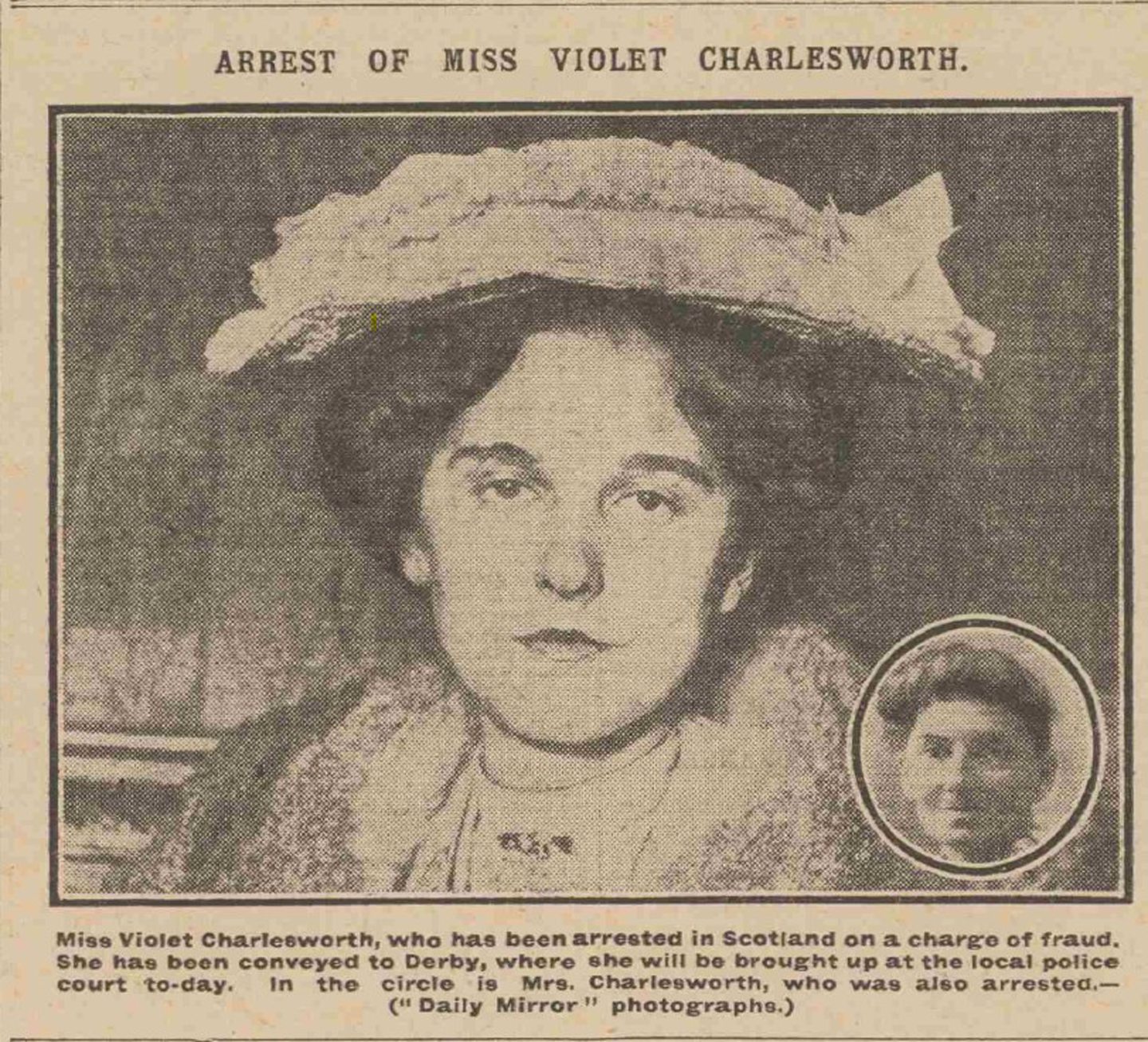 A newspaper print of Violet Charlesworth's arrest picture, alongside a smaller image of her mother.