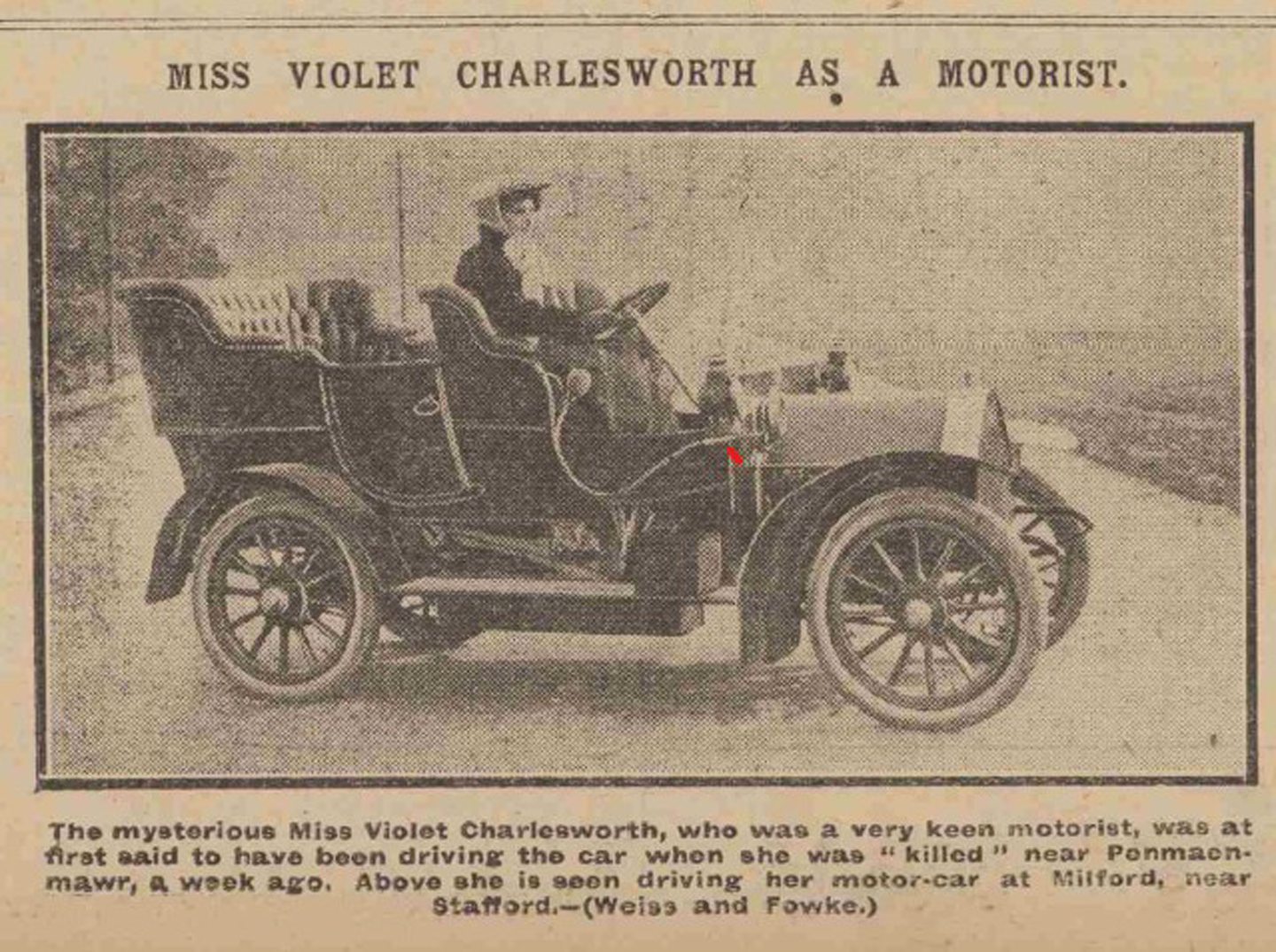 A newspaper print with Violet Charlesworth in a car, around the time she disappeared.