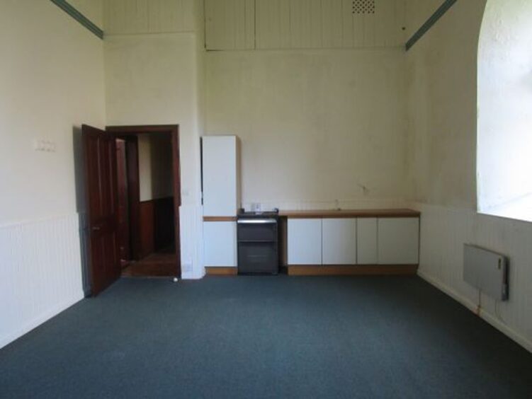 Oban builder Gregor Morawski has renovated the Free Presbyterian Church in Oban. Image shows a small kitchen space within the church prior to its transformation.