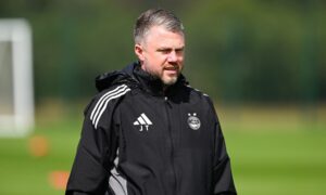 Dons boss Jimmy Thelin at Cormack Park on Friday. Image: SNS