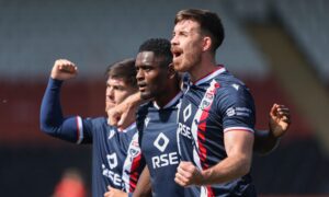 Ross County's Akil Wright (centre) celebrates with Declan Gallagher after making it 1-0 against Airdrie in the SPFL Championship at the Albert Bartlett Stadium, Airdrie, on August 2, 2025.